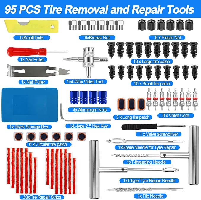 Tire Plug Kit, 95 PCS Tubeless Tire Repair Kit with Heavy-Duty Metal T-Handle Tools, Repair Strips, Screw-in Repair Plugs, Valve Core Tool, Caps & Storage Case for Car SUV Motorcycle ATV
