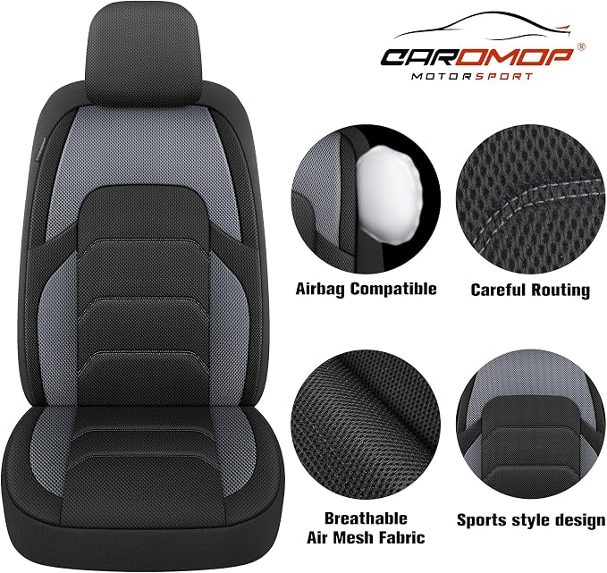 CAROMOP 3D Air Mesh Car Seat Covers 2 Front Seats,Breathable and Durable Seat Covers for Cars,Universal Fit for SUV,Vans,sedans, Trucks, Automotive Interior Covers(Black/Grey)