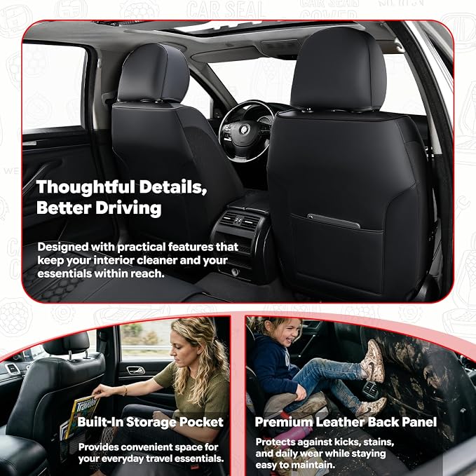 Black Universal Car Seat Cover, Waterproof Leather, Lumbar Support | Compatible with over 7,200+ Vehicle Models