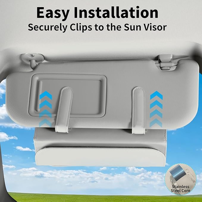 Car PU Leather Clip On Visor Tissue Holder with Mirror Storage Grey | Tissues Box Cover for Sun Visors Large Rectangle Napkin Holder Fit for Various Tissue Sizes Box Organizer for SUV Sedan Truck