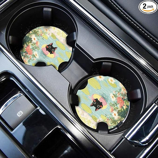 WOCOCN Cute Cup Holder Coasters for Your Car with Fingertip Grip, Auto Accessories for Women & Men,Pack of 2 (Cats and Pond)