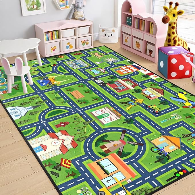 Kids Car Rug Play Mat 4.5x6 Feet City Life Road Traffic Track Carpet for Boys Bedroom Playroom Non Slip Floor Area Rugs for Toy Cars Toddlers Educational Learning Game Mat