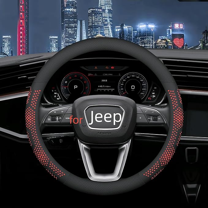 Yangday Leather Steering Wheel Cover for Jeep Wrangler Grand Cherokee Compass, 14.5-15 inches Car Steering Wheel Cover with Non-Slip Breathable (Red)