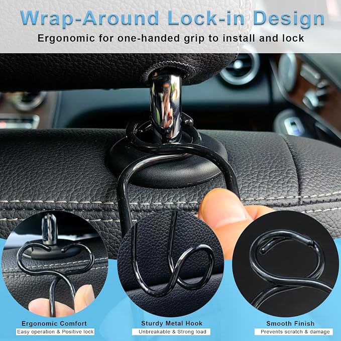 Car Headrest Hooks 4 Pack Universal Purse Holder for SUV Truck - 4 * Large | Heavy Duty Car Seat Back Storage Organizers Interior Accessories for Women Men Automotive Travel Essentials Auto Stuff