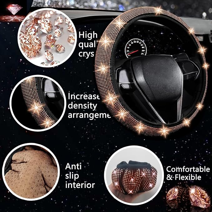 NBTEPEM 27 PCs Gold Champagne Bling Car Accessories Set for Women, Steering Wheel Covers Universal Fit 15 Inch, Bling License Plate Frame, Bling Phone Holder, Bling Car Coasters