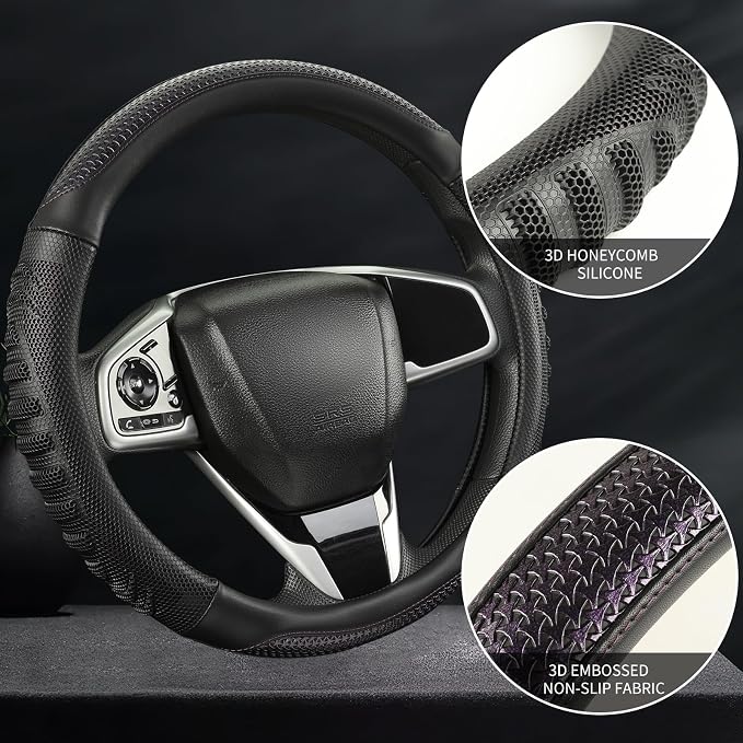 Anti-Slip Silicone Steering Wheel Cover Great Grip with 3D Honeycomb | Heavy-duty Microfiber Leather Sporty Design, Universal 14.5 inch - 15 inch, Black with Purple