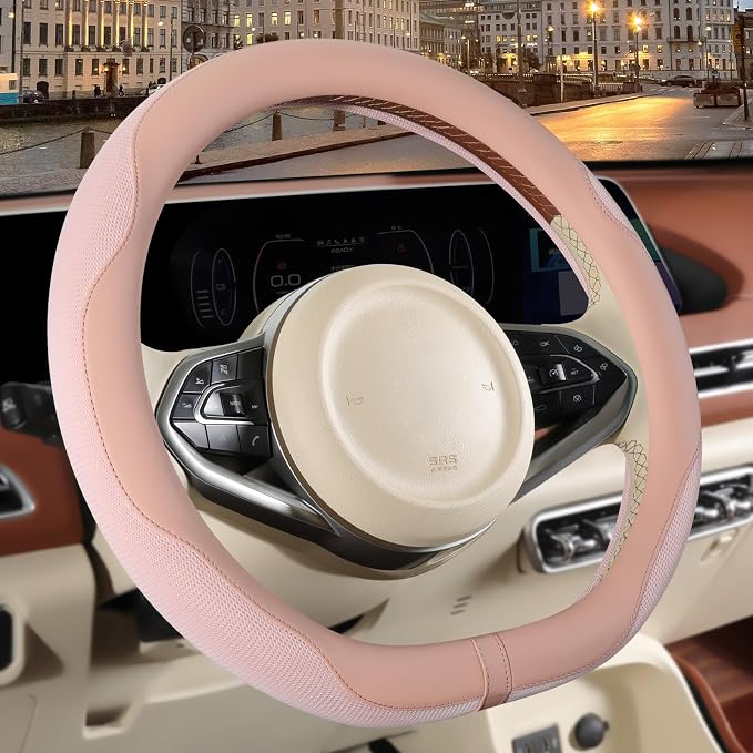 Nappa Leather Pink D Shaped Steering Wheel Cover Women 14 inch | Non-Slip Breathable Ice Silk Fabric, Warm in Winter and Cool in Summer, Small 13.5 inch to 14 inch for Prius Civic