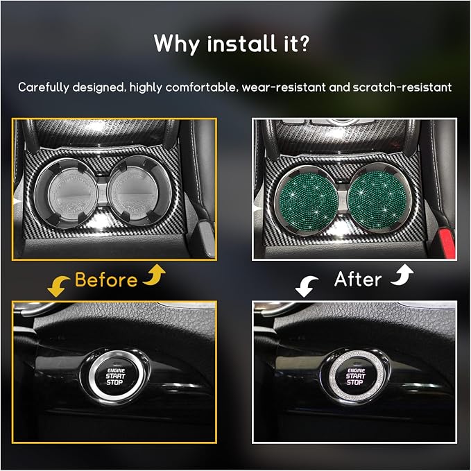 Ziciner 2 Pack Bling Car Cup Holder Coaster, Anti-Slip Auto Insert Coaster with Start Stop Button Cover, Universal Shiny Crystal Vehicle Interior Accessories for Women and Girls (Green)