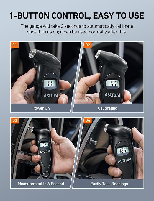 AstroAI Digital Tire Pressure Gauge 0-150PSI Calibrated to ANSI B40.7 +/-1PSI, Accurate in 0.1 Increments, Tire Repair Tools 4 Pressure Measurements for Car Truck with Backlight LCD, Black