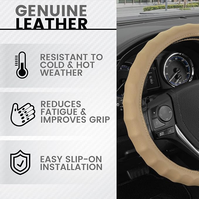 BDK Genuine Beige Leather Steering Wheel Cover for Car, Medium (14.5" - 15.5") – Ergonomic Comfort Grip for Men & Women, Universal Fit Car Steering Wheel Cover for Most Vehicles