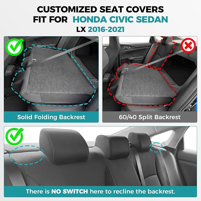 Seat Covers for Honda Civic Sedan LX 2016 2017 2018 2019 2020 2021, Faux Leather Car Seats Cover Full Set Waterproof, Black (Solid Rear Seatback - No Rear Armrest)
