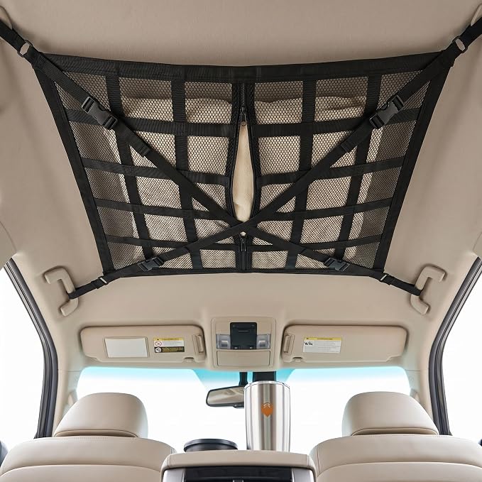 1 PC Car Ceiling Cargo Net Pocket, 31.5" x 21.6" Double-layer Roof Storage Organizer, Heavy Duty Overhead Mesh Net with Buckle Fasteners, Universal for Most Cars, Trucks, SUVs (Black)