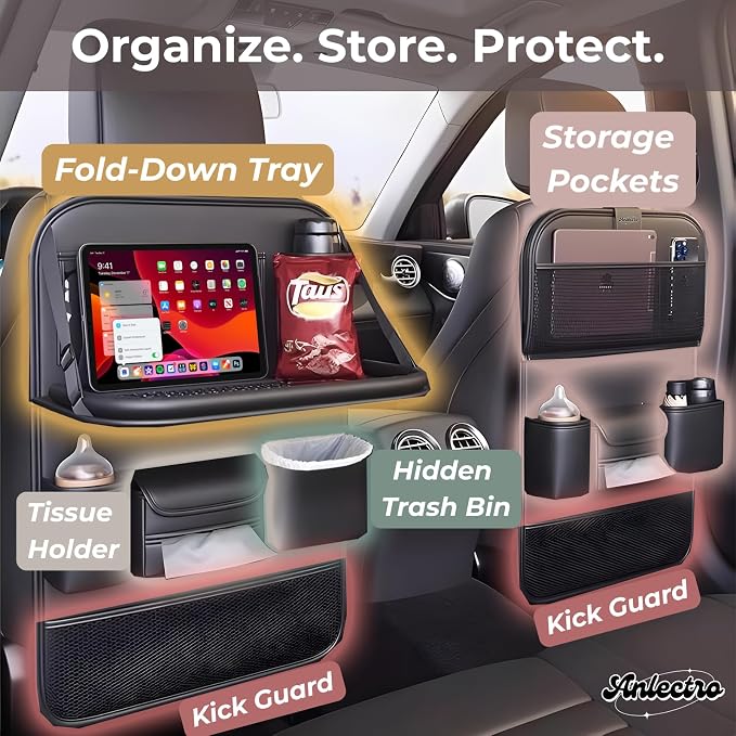 5-in-1 Backseat Car Organizer with Car Seat Tray, Car Backseat Organizers | Reinforced Fold-Down Car Seat Tray, Hidden Trash Bin, Tablet Holder, Vegan Leather, 8 Pockets