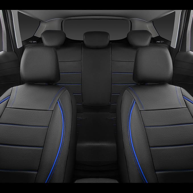 CAR PASS Universal FIT Piping Leather Two Front Seat Covers, Waterproof Faux Leather for SUV Sedan Van Truck, Airbag Compatible,Reserved Opening Holes for Headrest Covers. (Black and Blue)