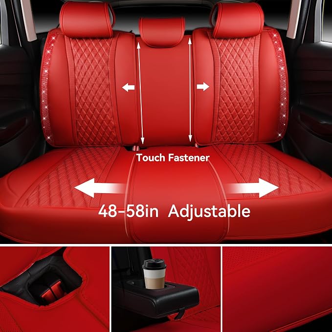 CAR PASS Nappa Leather Bling Diamond Car Seat Covers Full Set Universal Cushioned, Waterproof Heavy-Duty Anti-Slip Luxury Leather, Fit for SUV Sedan, Sparkly Glitter Shining Crystal Red Rhinestones