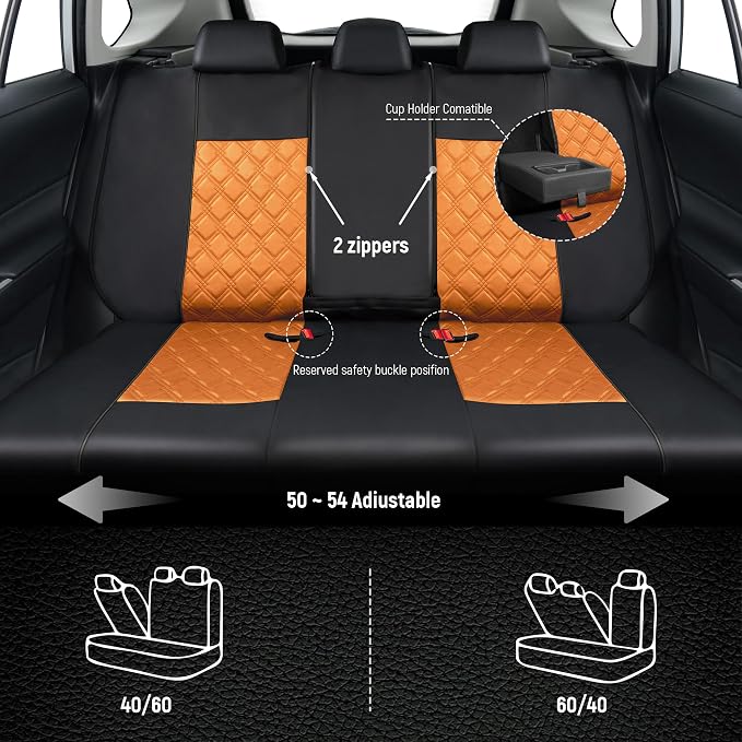 CAROMOP Luxury PU Leather Car Seat Covers Full Set-Waterproof Seat Protectors with Split Bench Seat Covers for Cars-Universal Cars Interior Covers for Sedans, SUVs, Pick-up Trucks(Orange Brown)