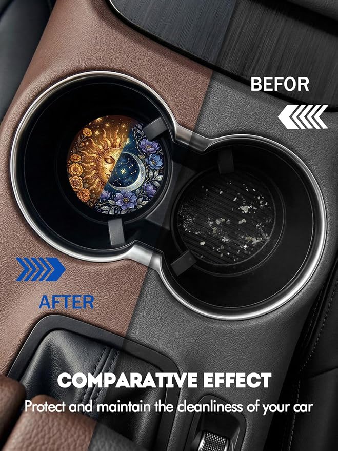 WOCOCN Car Coasters for Cup Holders - 2 Pack 2.75" Universal Rubber Car Cup Coaster, Non-Slip Waterproof Car Interior Accessories, Cute Car Decor Gifts for Women and Men (Sun & Moon)