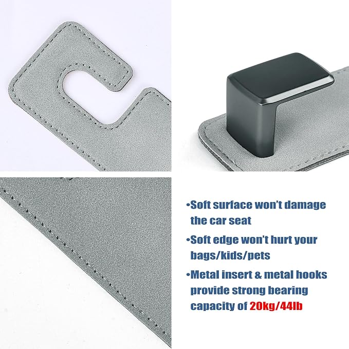Amooca Car Seat Back Hook Universal Auto Storage Hanger Suede with Metal Car Seat Organizer for Handbag Purse Coat Umbrellas Grocery Bags 2 Pack Light Gray