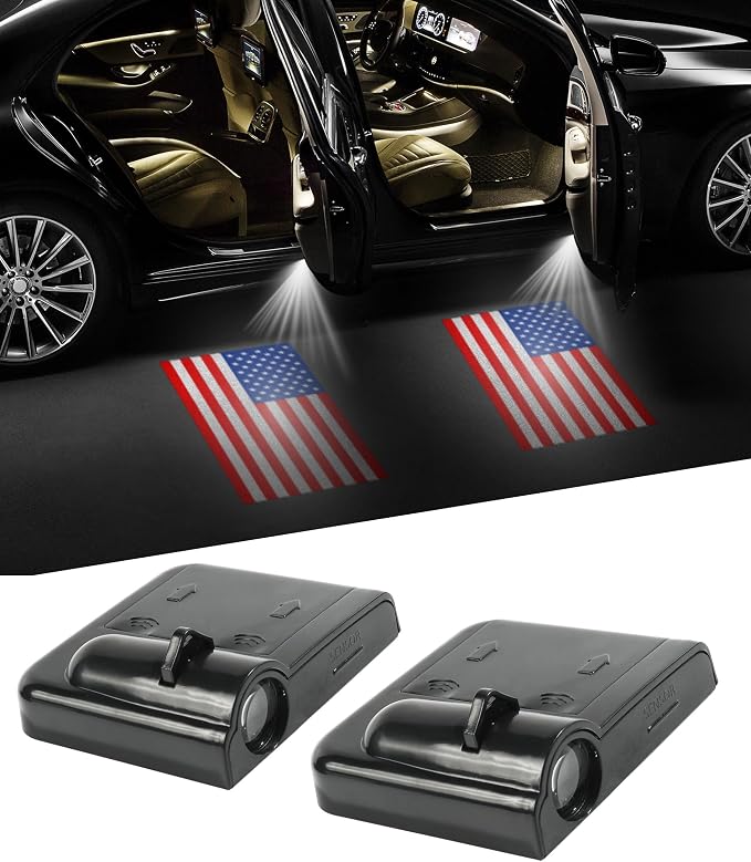 bylikeho 2Pcs Car Door Lights,Door Lights Logo Projector,Car Accessories HD Car Welcome Light,Door Sill Lights Wireless LED Door Paste Courtesy Light,Car Door Lights Logo (Red American Flag)