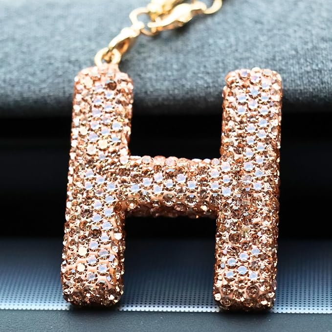 Bling Car Accessories for Women Letter Charm, Rainbow Crystal Rearview Mirror Pendant, Cute Diamond Rhinestone Car Decor, Lucky Gift for Women(H, Champagne Gold)