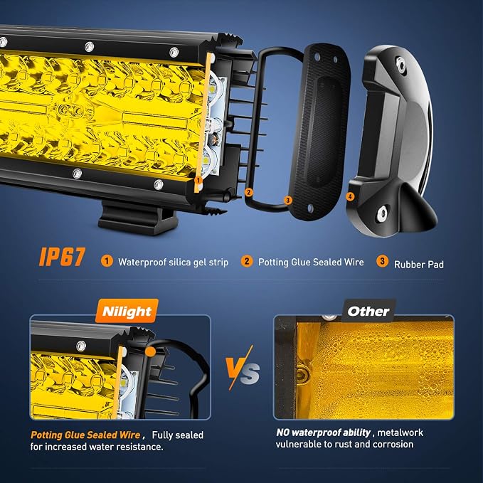 Nilight LED Light Bar 20Inch 420W Yellow Flood Spot Combo Triple Row Driving Lamp Roof Bumper Off Road LED Work Lights Pods for Van Camper Wagon Car Pickup Golf Cart ATV UTV SUV Truck Boat 4x4