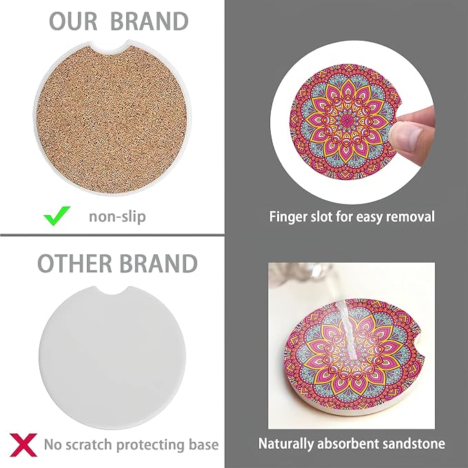 Boho Mandala Car Coasters for Women 2 Pack,Vintage Flower Ottoman Absorbent Car Coasters for Cup Holders Insert Ceramic Anti Slip with Finger Notch & Cork Base Auto Accessories Gifts