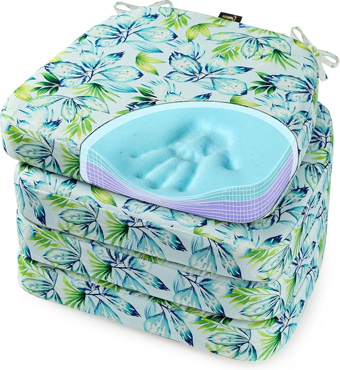 SUNROX Cooling Gel Memory Foam Chair Cushions, 2.6" Thick U-Shaped Dual-Layer Comfort Dining Chair Pads, Non Slip Seat Cushion with Ties for Indoor Kitchen Office 17"x16" Set of 4, Aqua Pilea Notata