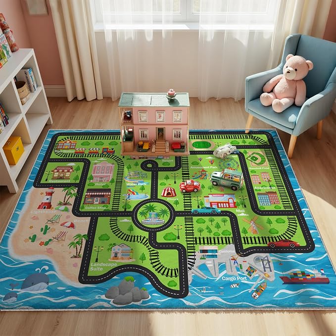 Nayoroom Kids Island Train Map Rug, Faux Wool Track Map, Non-Slip, 5 x 7 ft | Island map and train tracks; Rail-route play; Soft faux wool surface; Non-slip backing; Easy-care finish