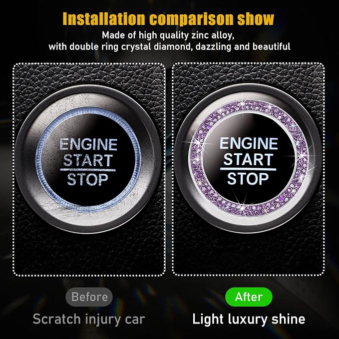 Kewucn 2 PCS Bling Crystal Double Rhinestone Car Engine Start Decoration Ring, Sparkling Push Start Button Sticker, Key Ignition & Knob Ring Decoration, Bling Car Interior Accessory(Purple)