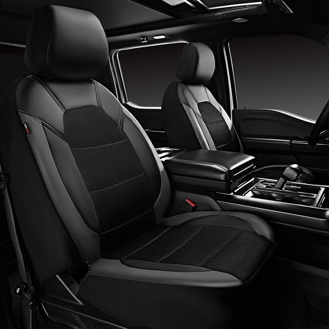 CAR PASS Leather Seat Covers, Automotive Sport Car Seat Cover Super 5mm Composite Sponge Inside, Airbag Compatible Universal Fits Most Cars, SUVs, Trucks and Vans (Full Set,Black & Gray)