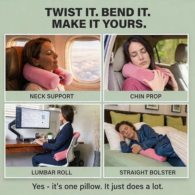 Dot&Dot Twist Memory Foam Travel Pillow, Bendable Neck Pillow for Airplane, Car and Home, 26-Inch Adjustable Roll with Washable Cotton Cover, Pink