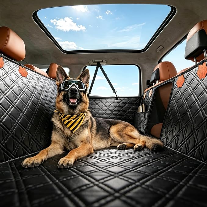 JOYTUTUS Back Seat Extender for Dogs, PU Leather Dog Car Seat Cover for Back Seat with Hard Bottom, Dog Hammock with Mesh Window, Dog Car Seat Cover for Sedans SUVs Small Trucks, Holds 440 lbs