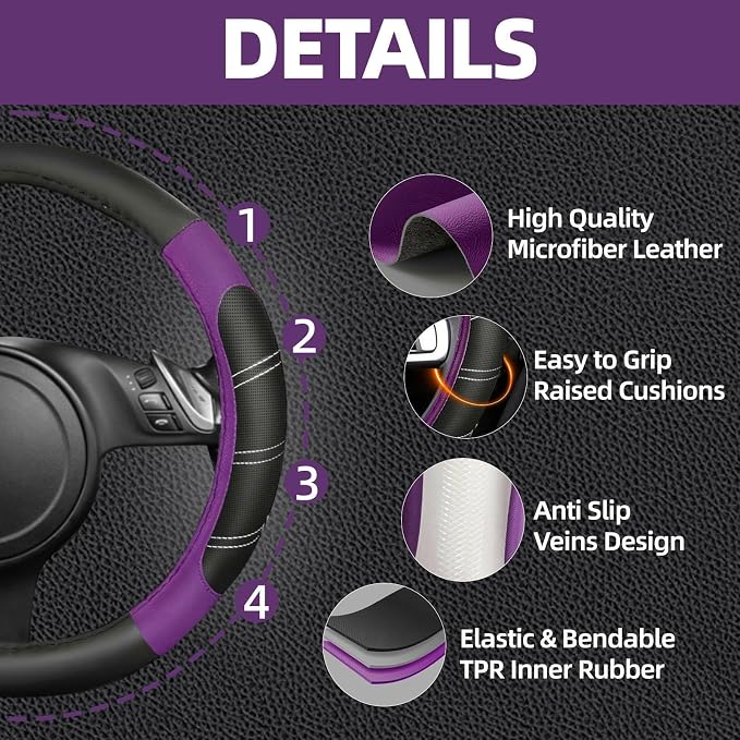 NBTEPEM 10 Pcs Car Floor Mats Full Set & Sport Leather Steering Wheel Cover 14.5-15 inch, Center Console Cover, Seat Belt Cushion, Cup Holder Coaster, Universal Automobile Interior Sets (Purple)