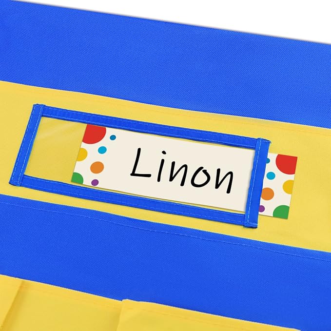 Chair Pockets for Classrooms, 15.7" × 18.9" – 6 Pockets Chairback Storage Organizer with Name Tag Window, Student Desk & Seat-Back Management for Books, Folders & School Supplies, Yellow+Blue