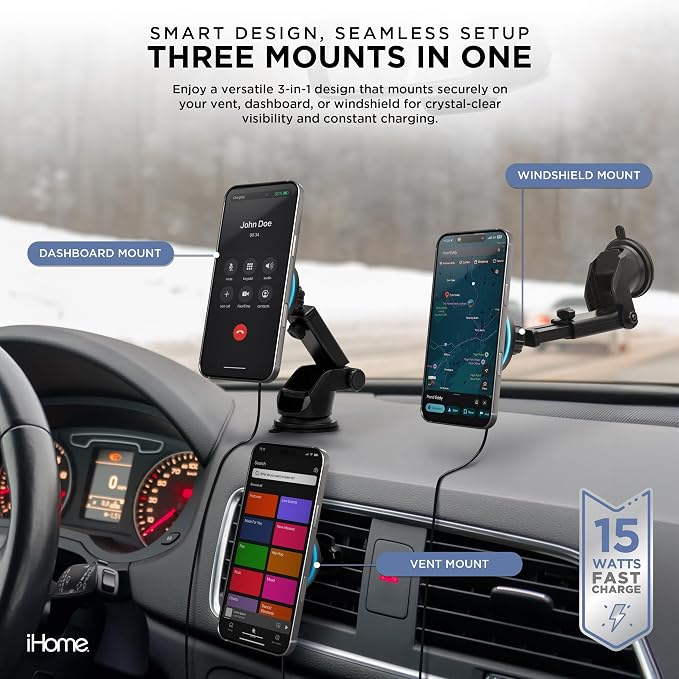 iHome 3-in-1 Magnetic Wireless Charging, Flexible Mount for Vent, Dash & Windshield, 15W Fast Charge