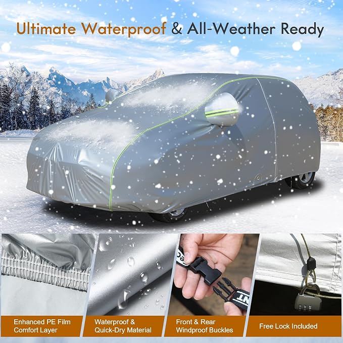 Tecoom Light Shell Car Cover Waterproof All Weather, Breathable Material with Door Zipper & Mirror Pockets, Rain Snow Sun Wind Protection Outdoor & Indoor Full Covers Fit for Hatchback (160-172")