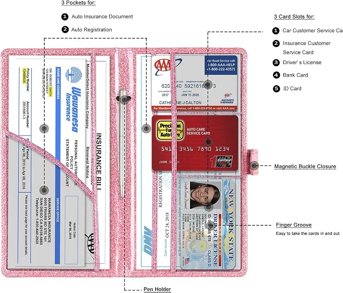 TOURSUIT Car Registration and Insurance Card Holder, Glitter Pink | Vehicle License Document Organizer, Glove Box Compartment, Interior Car Accessories, For Women Men