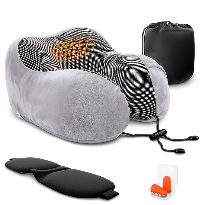 100% Memory Foam Plane Neck Pillow for Long Flights with Adjustable Button Closure – 4-in-1 Set with 3D Eye Mask, Earplugs & Washable Cotton Cover – Airplane Pillow Neck Support for Car & Train (Gray)