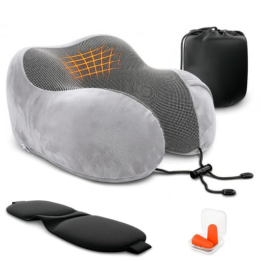 100% Memory Foam Plane Neck Pillow for Long Flights with Adjustable Button Closure – 4-in-1 Set with 3D Eye Mask, Earplugs & Washable Cotton Cover – Airplane Pillow Neck Support for Car & Train (Gray)