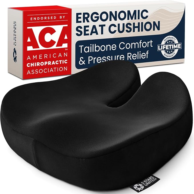 5 STARS UNITED Seat Cushion - Memory Foam Chair Cushion for Tailbone Pain Relief - Ergonomic Support for Coccyx, Sciatica & Butt - Office, Desk & Gaming Chair, Car Seat, Wheelchair, Black Suede