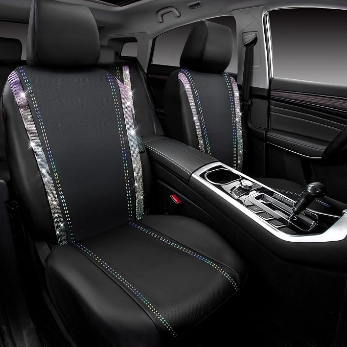 CAR PASS Bling Diamond Car Seat Covers Full Set, Shining Rhinestone Waterproof Faux Leather, Rear with Zipper, Universal Fit Automotive Glitter Crystal Sparkle Strips for Cute Women Girl,Muticolor