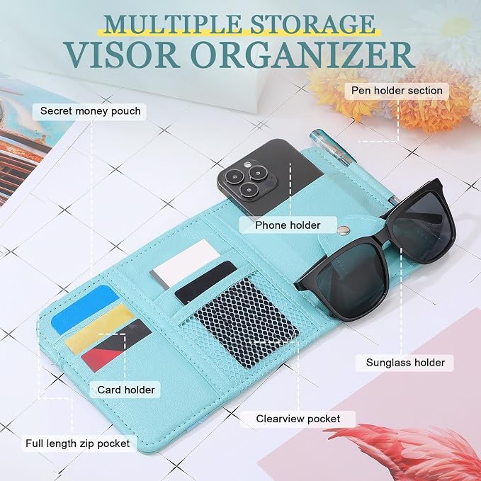 Boao 2 Packs Car Sun Visor Organizer, Sunglasses Holders for Car Sun Visor PU Auto Interior Accessories Storage Travel Document Holder with Multi Pocket (Blue, 12.2 x 6.1 Inches)