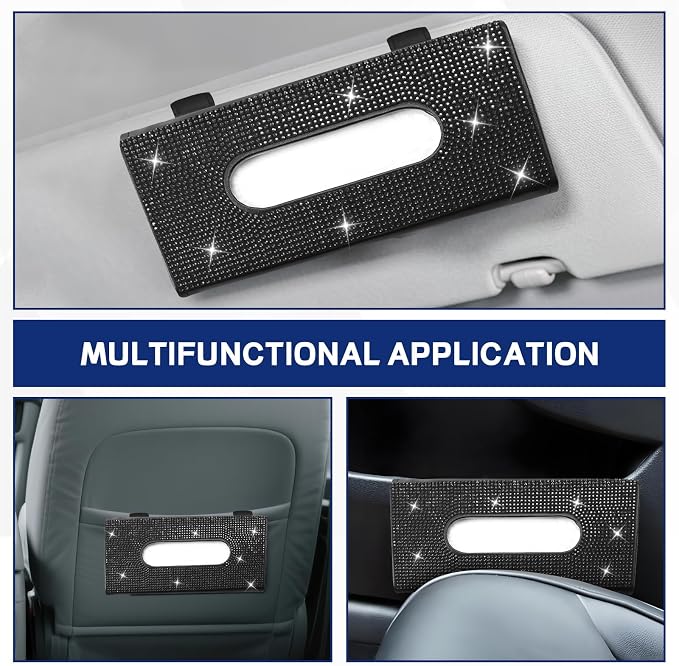 Bling Car Tissue Holder for Sun Visor, Crystal Rhinestone Visor Tissue Box, Leather Vehicle Paper Towel Case, Sparkling Auto Napkin Holder for Women, Car Accessories Decoration (Black)