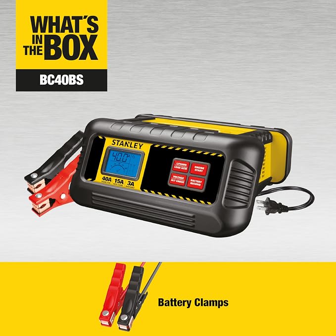 STANLEY BC40BS 15 Amp Battery Charger for Lithium or Lead Acid Batteries with 40 Amp Engine Start, Voltage and Alternator Check