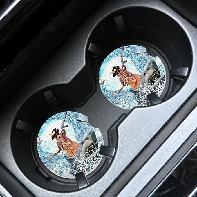 2pcs Cute Shark and Cat Car Coasters,Absorbent Universal neoprener Cup Holder Coasters with a Finger Notch,Car Accessories for Women&Man Interior，2.75"