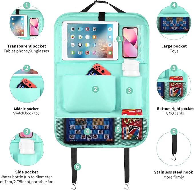 LUCMO Car Backseat Organizer with Foldable Tablet Holder, Light Blue | 2 Pcs,6 Storage Pockets,Foldable Food Tray,Protectors Kick Mats,Travel Accessories,Seat Cover,Road Trip Essentials