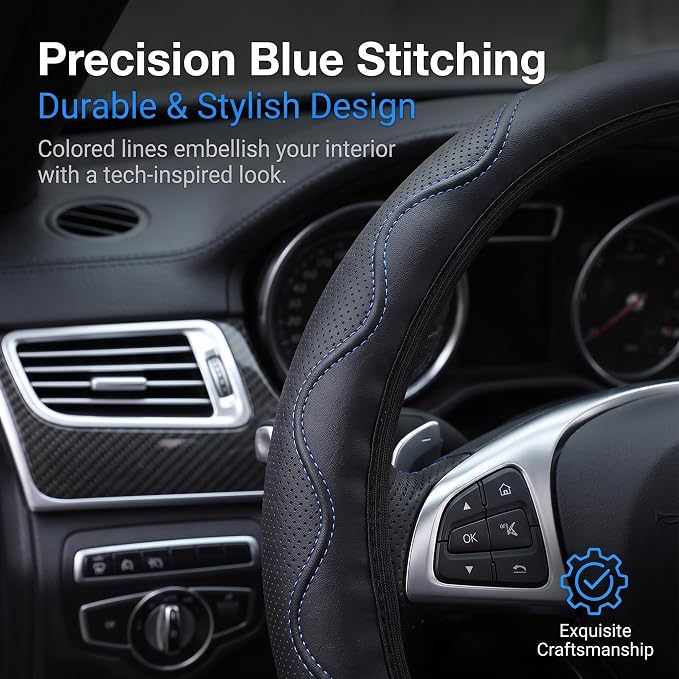 Elastic Steering Wheel Cover Black and Blue Universal 14-15 inch | Leather Car Steering Wheel Covers Stretch Microfiber Breathable Anti-Slip Car Accessories Fit for Suvs, Vans, Trucks