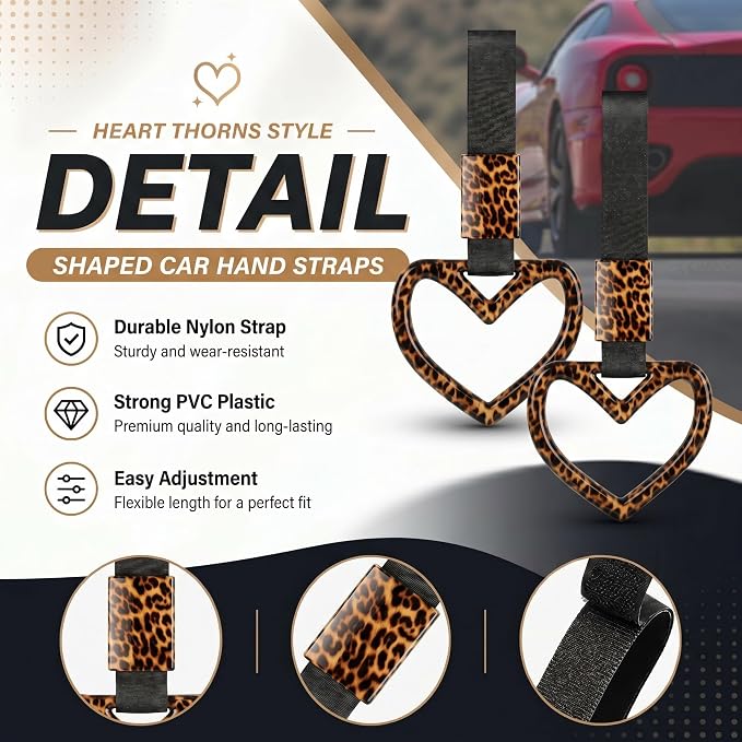 Fabbay Bling Car Accessories Bling Heart Handle Ring Car Accessory for Women Hearts Hand Strap Drift Charm Rear Bumper Warning Ring Decor for Auto Interior Exterior Decoration(Leopard,Heart Style)