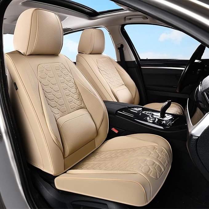 Huidasource Front Leather Seat Covers, Car Seat Covers Front Seats Universal Fit for Most Cars SUV Trucks, 360° Full Wrap Luxury Automotive Seat Covers, Seat Cushion Covers Protector, Beige