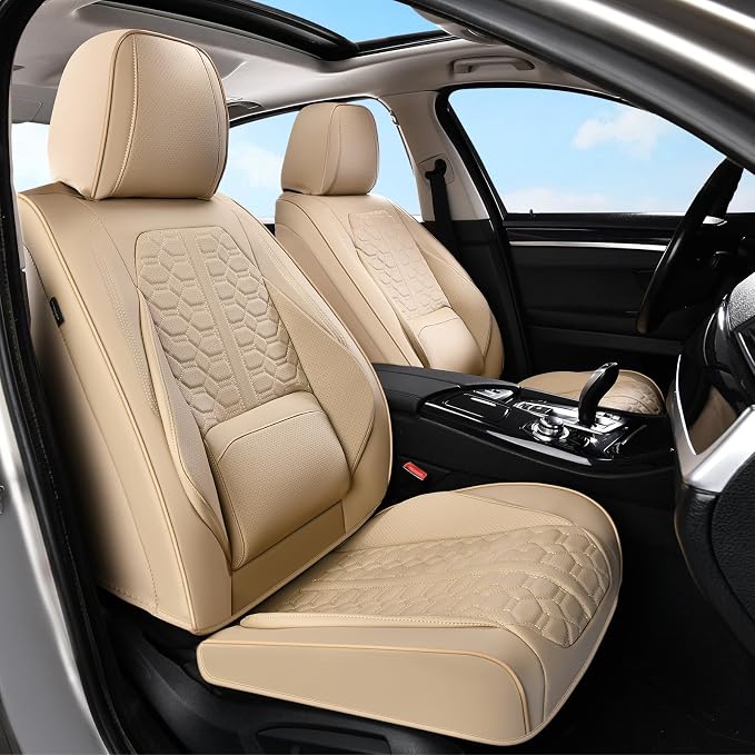 Huidasource Car Seat Covers, Beige Seat Covers Nappa Leather, Waterproof Automotive Seat Covers, Universal Seat Covers Full Set with Lumbar Support Fit for Most Cars SUV Trucks